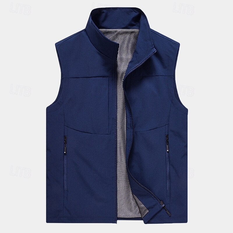 Men's Vest Gilet Fishing Vest Hiking Vest Daily Date Vacation Fashion Casual Spring & Summer Pocket Polyester Breathability Plain Zipper Stand Collar Regular Fit Black Khaki Army Green Dark Blue Vest3