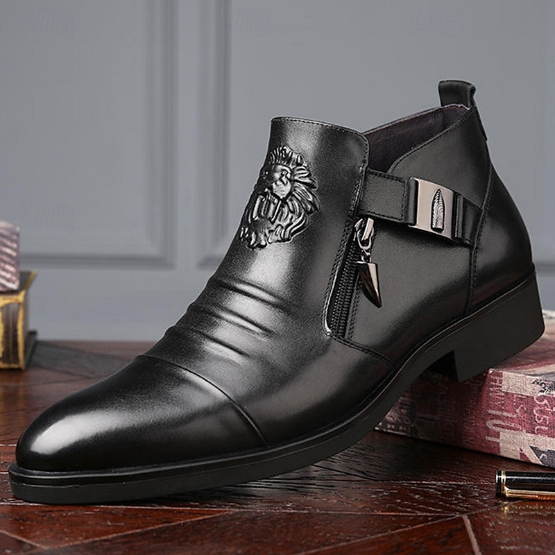 Men's Black Faux Leather Ankle Boots with Lion Embossed Design and Side Zipper – Luxury Formal Footwear for Business and Special Occasions