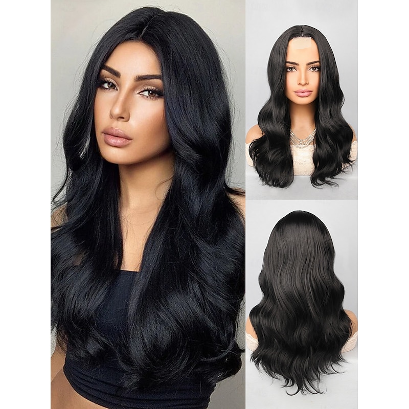 Synthetic Lace Wig Bouncy Curl Style 20 inch Natural Black Middle Part U Part Wig Women Wig Black
