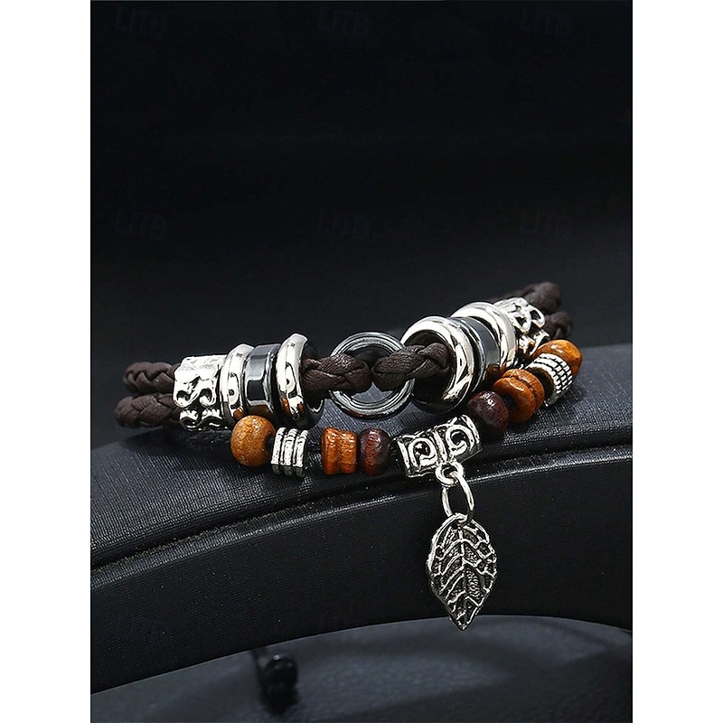 Men's Vintage Faux Leather Charm Bracelets with Wooden Beads and Silver Leaf Pendants - Bohemian Handmade Wristbands for Casual Wear2