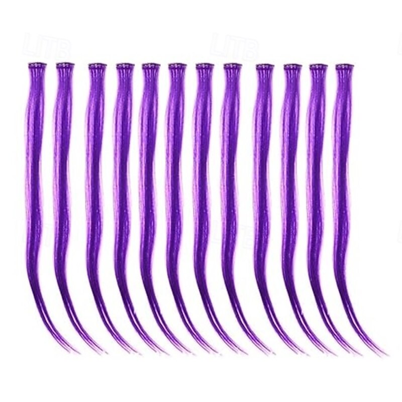 12 Pcs Straight One Color Party Highlights Clip on in Hair Extensions Colored Hair Streak Synthetic Hairpieces3