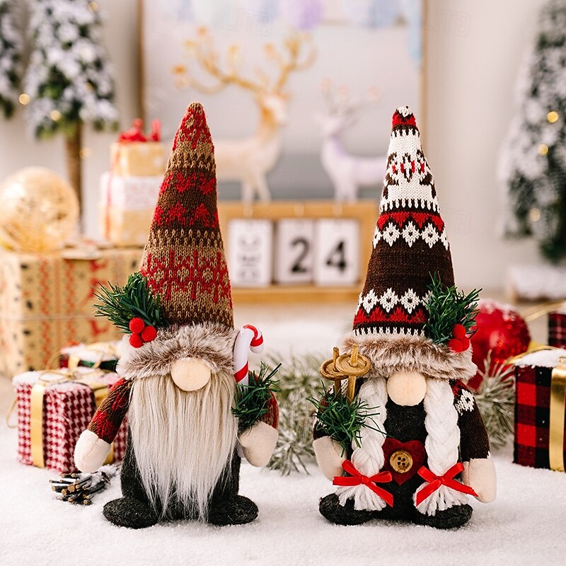 Christmas Gnome Figurines - Knitted Hat with Pine Branch and Rudolph Doll, Faceless Gnome Ornaments, Festive Holiday Decor