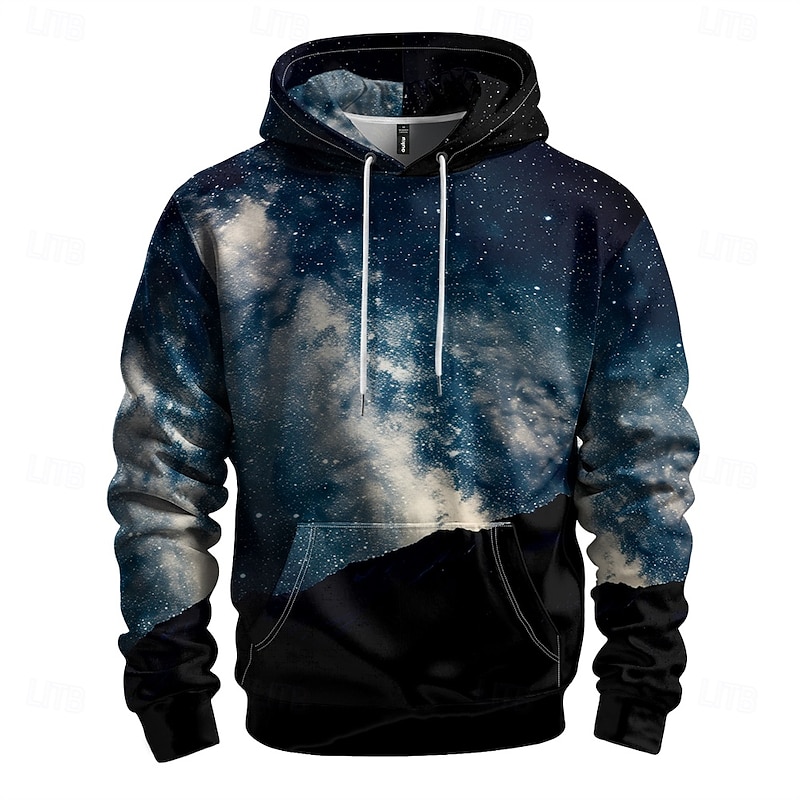 Men's Graphic Sky / Galaxy Hoodie Hoodies Sweatshirt Vacation Daily Long Sleeve Hooded Vacation Sports Outdoor Going out Black Printing Winter Spring & Fall Designer