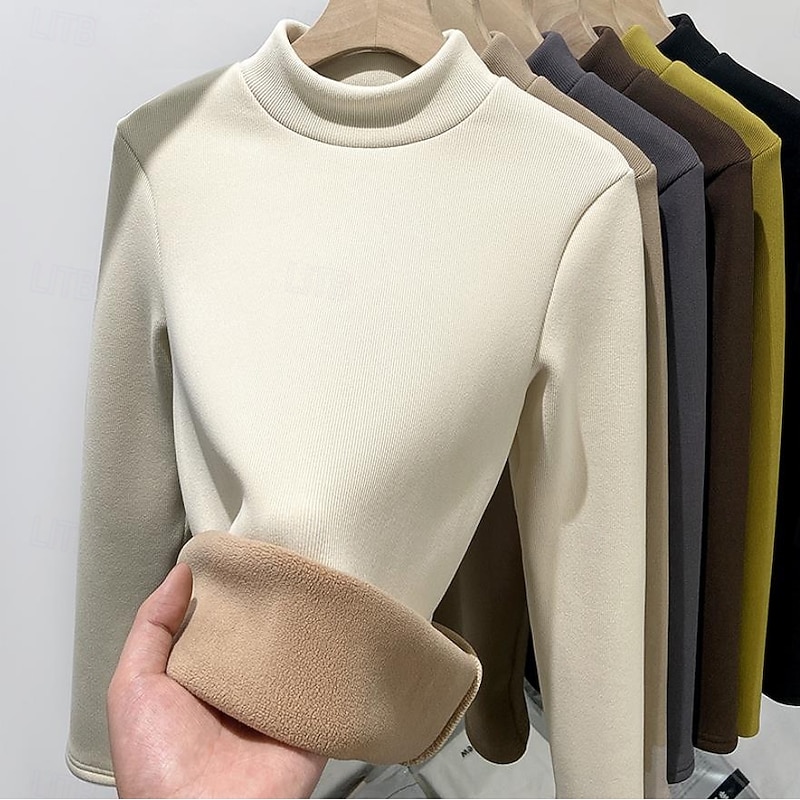 Women's Tunic Solid Color Casual Long Sleeve Turtleneck Regular Tops Daily Black Yellow Light Brown Brown off-white Fall Winter