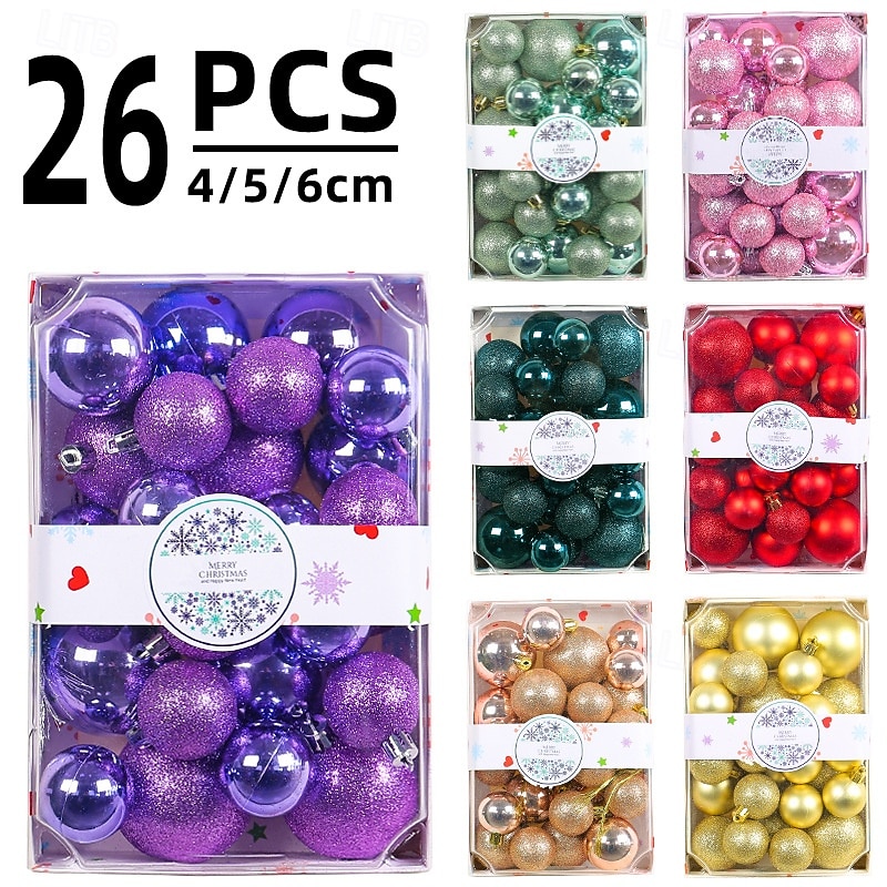 26pcs Christmas Baubles Ball Ornaments Xmas Decoration, 4/5/6cm Shatterproof Holiday Tree Balls, Colorful Christmas Tree Hanging Ornaments for Home, Party and Store Display