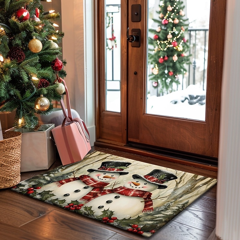 Christmas Decoration Doormat Xmas Snowman Couple Kitchen Mat Floor Mat Non-Slip Area Rug Oil Proof Rug Indoor Outdoor Mat Bedroom Decor Bathroom Mat Entrance Rug2