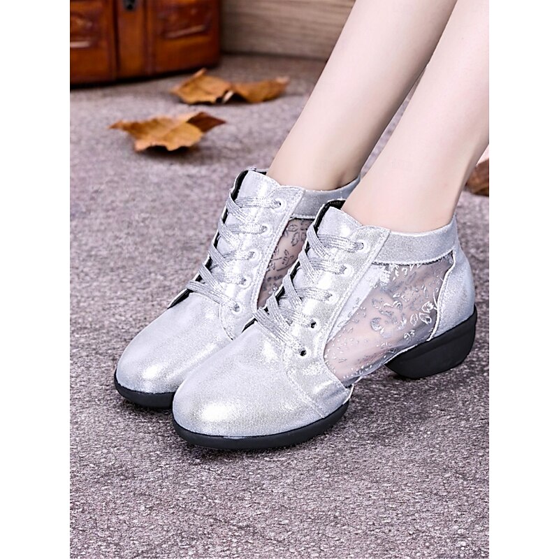 Women's Silver Lace-Up Dance Shoes with Mesh Floral Panels and Soft Sole, Ideal for Ballroom, Latin, and Jazz Dancing3