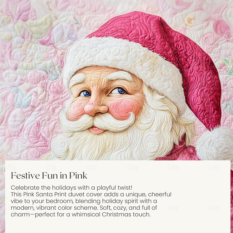 Christmas Duvet Cover Set in Pink with Santa Claus Design 100% Cotton Festive Holiday Bedding Includes Duvet Cover and Pillowcases Perfect for a Cheerful and Whimsical Bedroom Makeover Queen King Size3