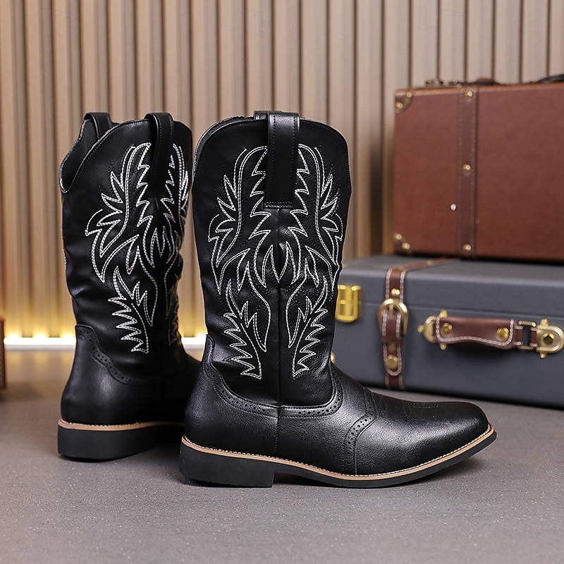 Men's Black Western Cowboy Boots – Embroidered Shaft with Classic Pointed Toe, Vintage Style for Rodeo or Casual Wear3