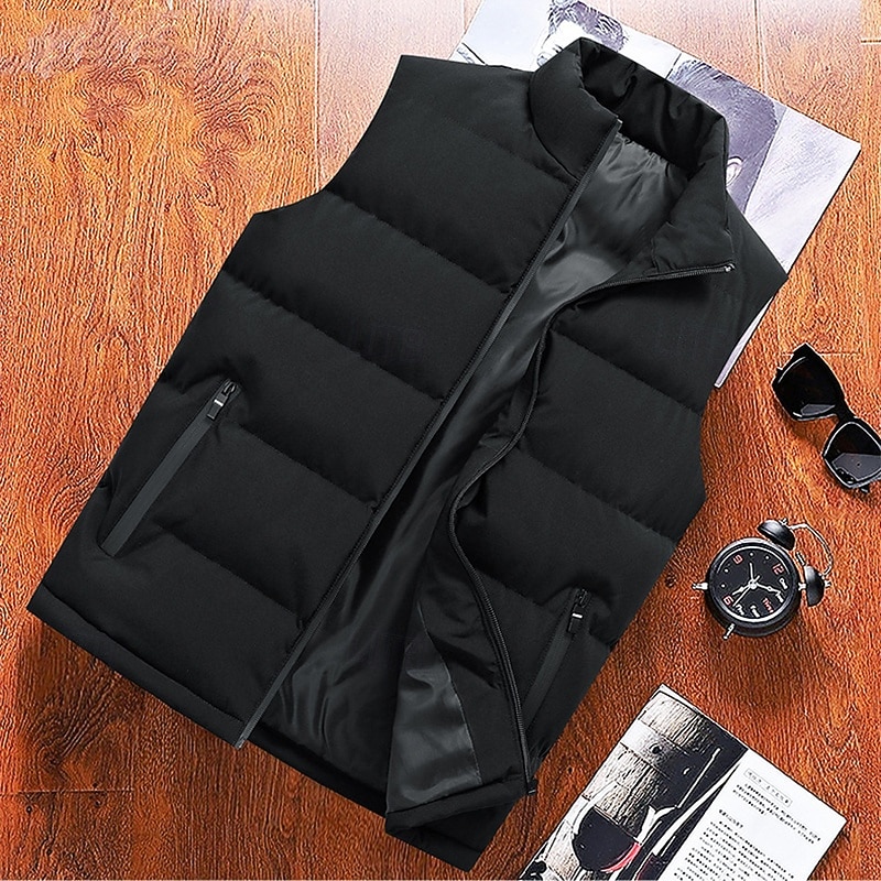 Men's Down Vest Puffer Vest Vest Gilet Daily Date Vacation Fashion Casual Fall & Winter Pocket Polyester Warm Comfortable Plain Zipper Standing Collar Regular Fit Black Red Blue Vest