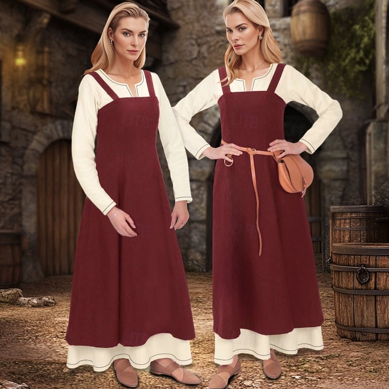 Women's Medieval Viking Apron Overdress with Laced Back Tunic Dress Set 2 PCS Outfits for LARP Ren Faire Renaissance Fair Party Carnival Halloween Dress4