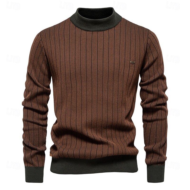New Design Mens Mock Neck Cotton Pullover Sweaters Autumn Winter Warm Stripped Sweater for Men