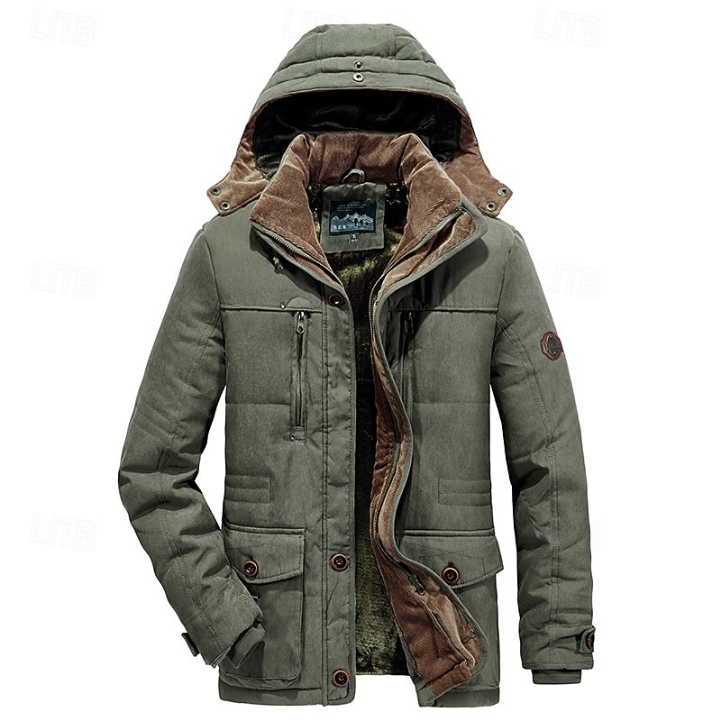 Men's Winter Jacket Fleece Jacket Casual Jacket Hiking Parka Daily Vacation Thermal Warm Pocket Fleece Fall & Winter Plain Fashion Streetwear Hooded Regular Khaki Army Green Dark Blue Coffee Jacket