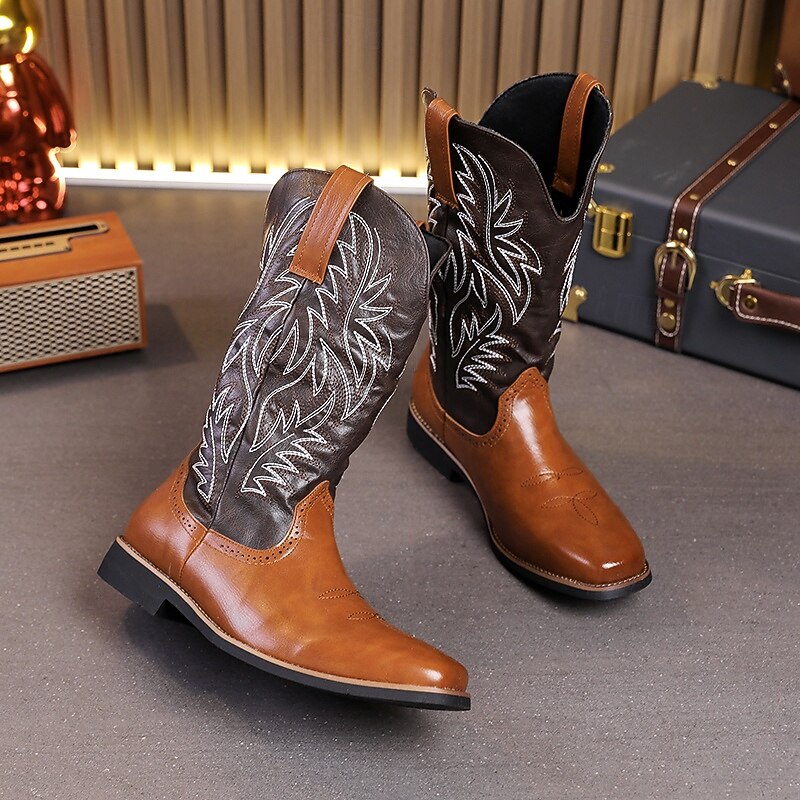 Men's Two-Tone Western Cowboy Boots – Vintage Style with Embroidered Shaft, Brown and Black  Faux Leather, Perfect for Rodeo or Casual Wear3