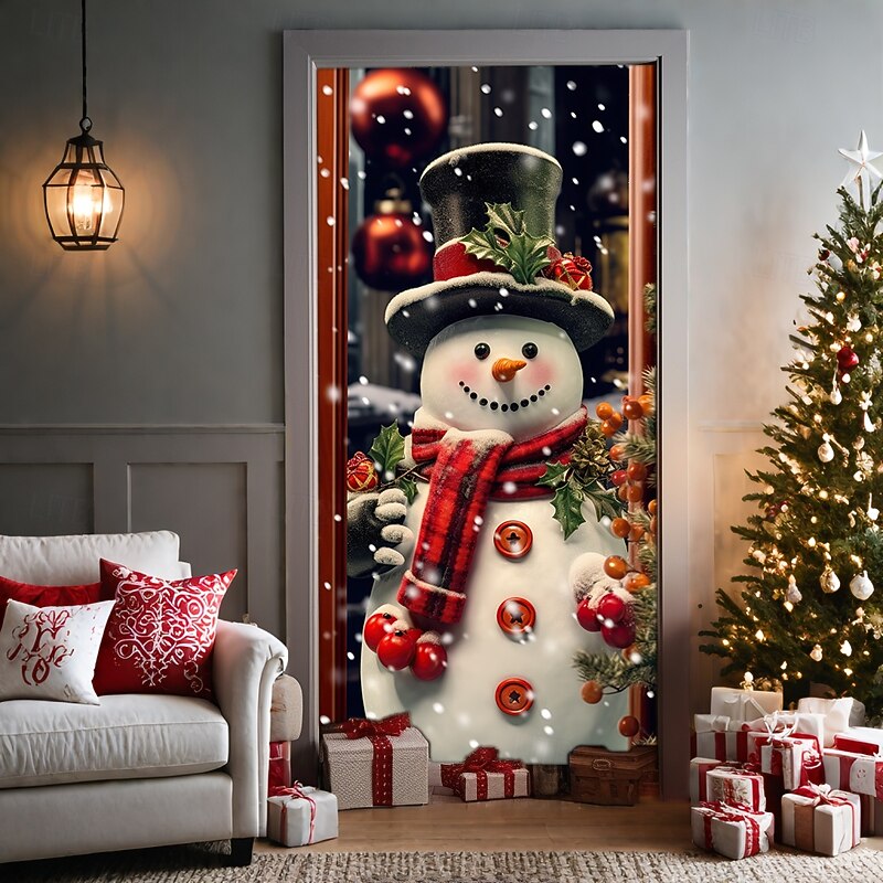 Christmas Door Decorations Door Covers Snowman Door Tapestry Door Curtain Decoration Backdrop Door Banner for Front Door Farmhouse Holiday Party Decor Supplies Indoor/Outdoor4