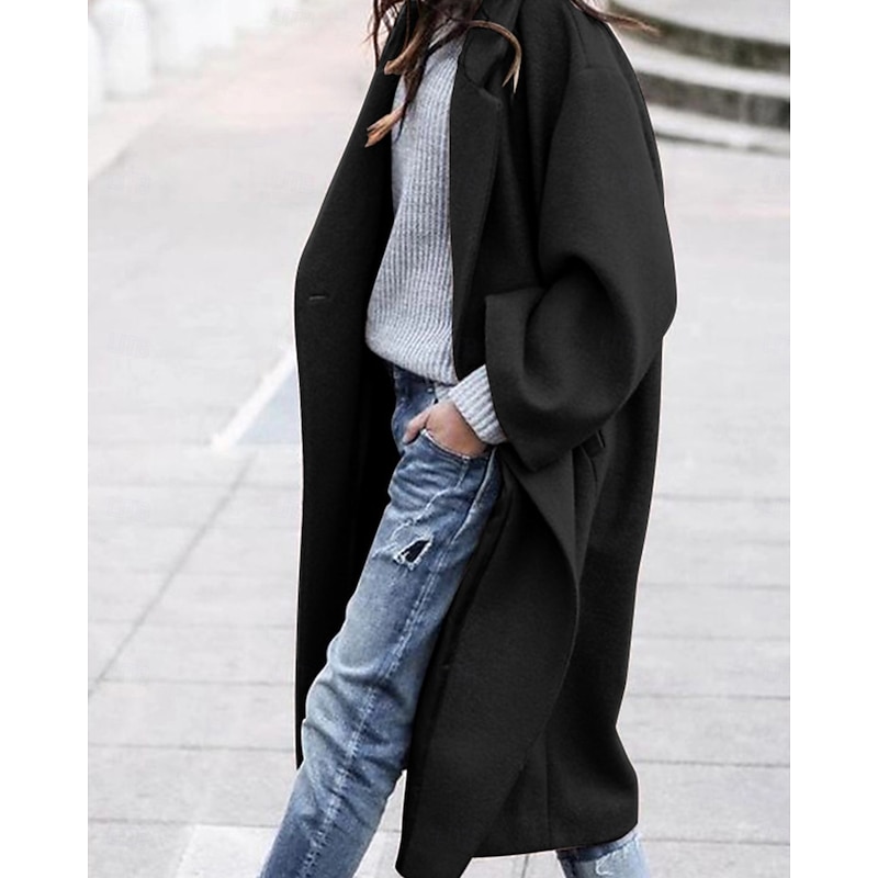 Women's Winter Coat Coat Warm Buttons Daily Modern Solid Color Home Single Breasted Long Turndown Loose Fit Long Sleeve Outerwear Black White Red Spring Fall
