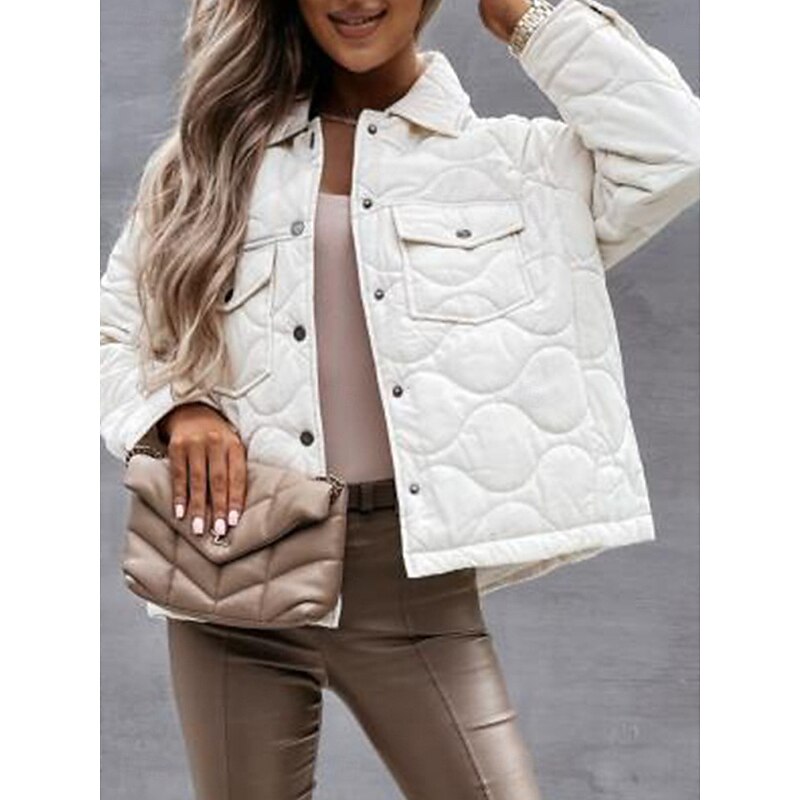 Women's Winter Coat Winter Jacket Warm Breathable Buttons Pocket Casual Plain Street Daily Wear Single Breasted Short Turndown Regular Fit Long Sleeve Outerwear Black White Navy Blue Fall Winter