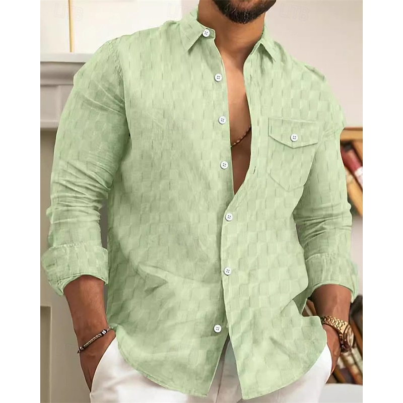 Men's Shirt Summer Shirt Button Up Shirt Casual Shirt Beach Shirt Black White Light Green Sky Blue Dark Green Long Sleeve Plain Lapel Hawaiian Holiday Jacquard Clothing Apparel Fashion Casual4