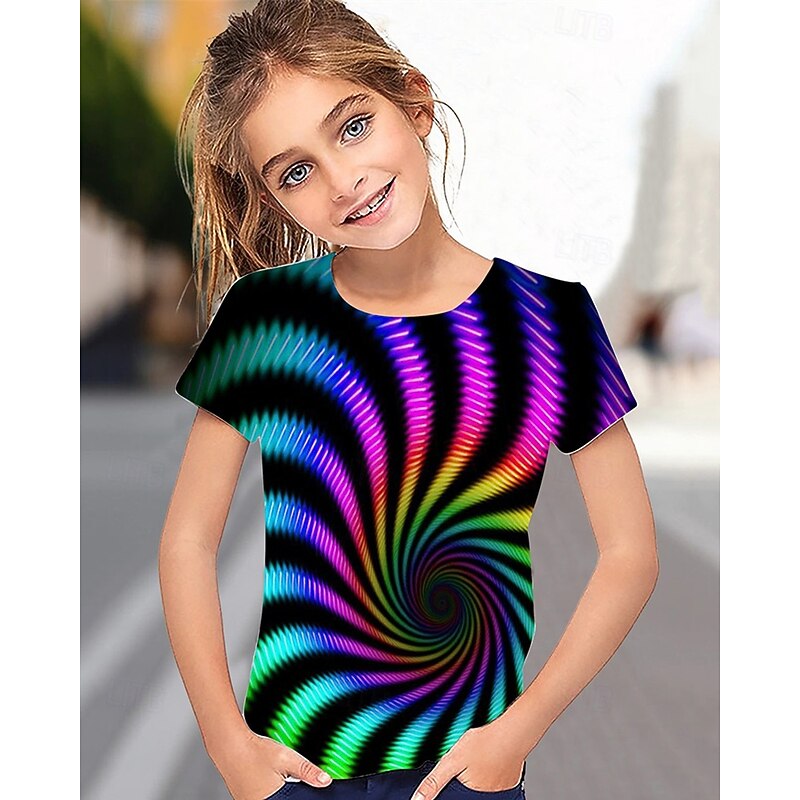Girls' 3D Graphic Geometric T shirt Tee Short Sleeve Summer Spring Fashion Basic Kids 4-12 Years Crew Neck Outdoor Casual Daily Regular Fit