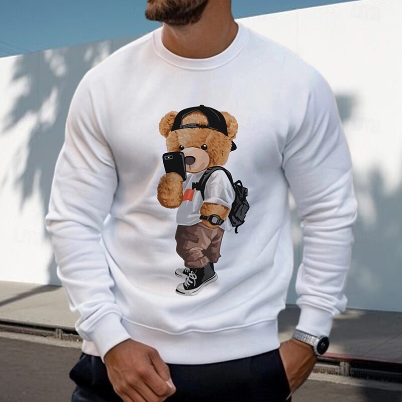 Men's Funny Toy Bear Pullover Sweatshirt Long Sleeve Sweatshirts  Crew Neck Classic Casual Daily Spring Fall Black White Clothing Apparel Designer Graphic Print Normal S M L XL 2XL