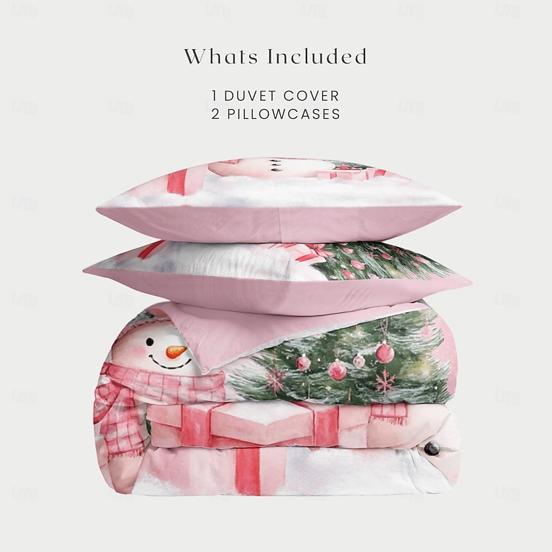Christmas Duvet Cover Set in Pink with Snowman Design Xmas Festive Holiday Bedding Includes Duvet Cover and Pillowcases Perfect for Adding a Whimsical Seasonal Touch to Your Bedroom2