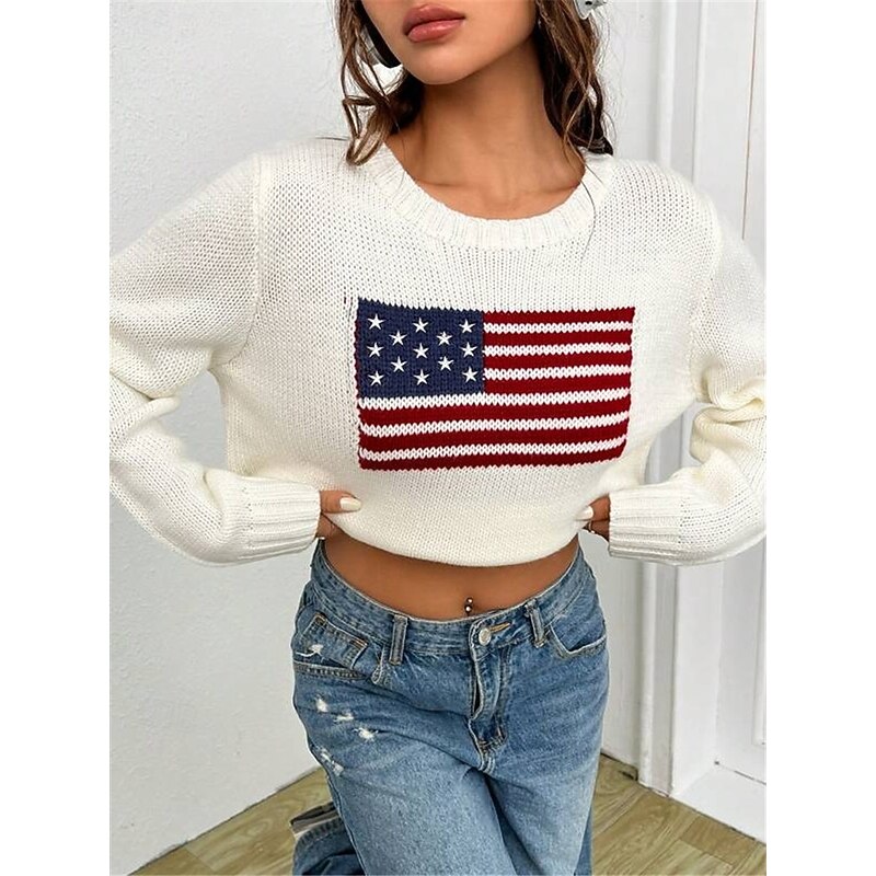 Women's Sweater Daily Stylish Casual Graphic Crew Neck Crewneck Long Sleeve Regular Tops Knit Going out Black White Fall Winter4
