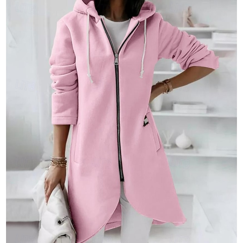 Women's Casual Jacket Outdoor Zipper Solid Color Windproof Fashion Loose Fit Outerwear Long Sleeve Fall Black S3