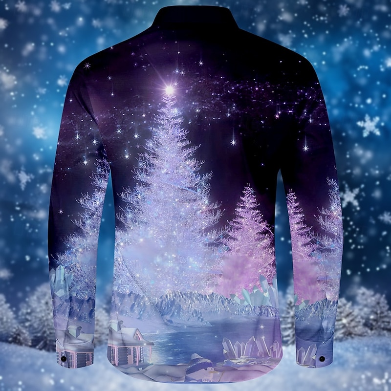 Christmas Men's Christmas Tree Shirt Button Up Shirt Long Sleeve Fashion Casual Party Evening Wear Daily Fall Winter Spring & Summer Shirt Collar Button Up 3D Print Blue2