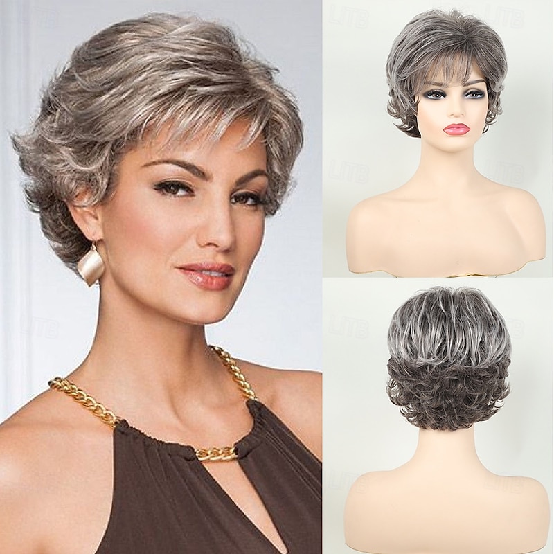 Grey Curly Pixie Wigs for White Women Short Fluffy White Hair with Bangs Natural Synthetic Heat Resistant Wig