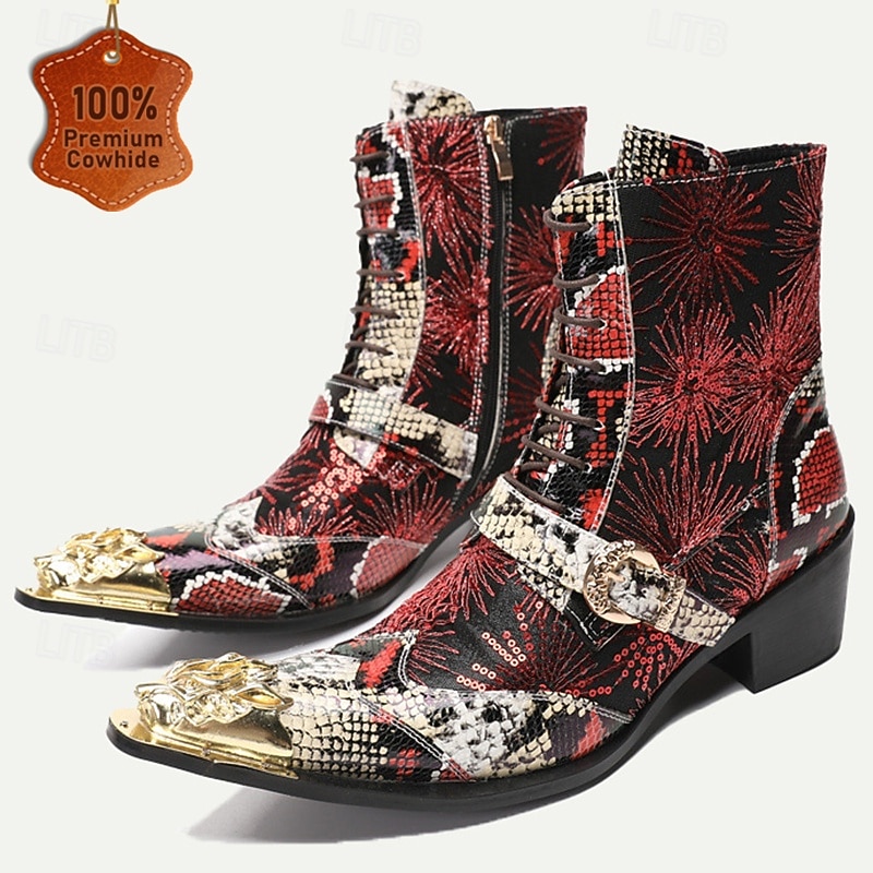 Men's Premium Cowhide Leather Lace-Up Motorcycle Boots with Gold Tip Dragon Buckle, Snakeskin and Sequin Pattern–Bold Western Style for Biker Events and Cosplay