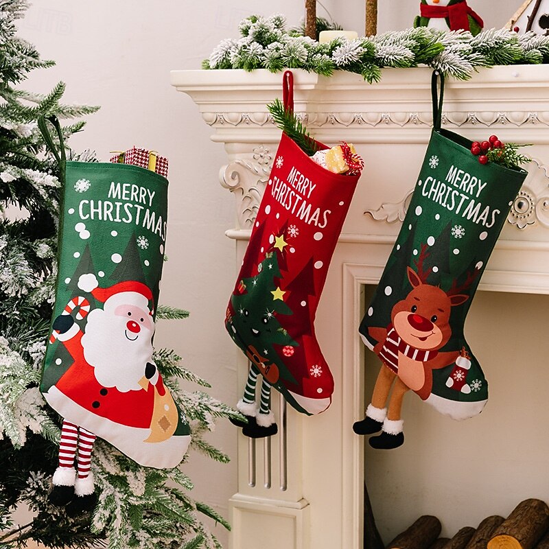 Christmas Colorful Print Stockings, Christmas Decoration Xmas Party Santa Gift Socks and Snowman Gift Bags, Red and Green Hanging Holiday Stockings3