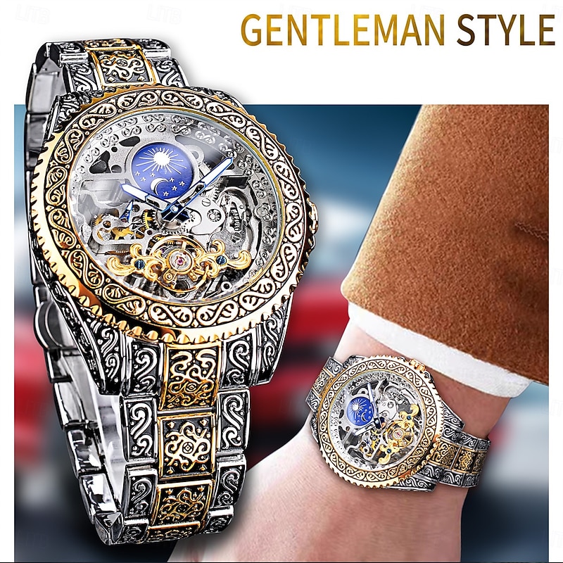 FORSINING Men Mechanical Watch Retro Vintage Luxury Large Dial Fashion Hollow Skeleton Automatic Self-winding Moon phase Luminous Stainless Steel Strap Watch
