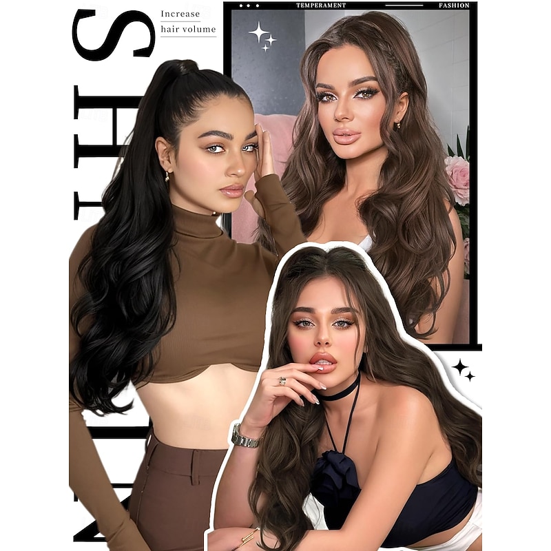 Ponytail Extension, Drawstring Ponytail Extension for Women 24 inch Long Wavy Pony Tails Clip in Ponytail Hair Extensions Synthetic Layered Ponytail for Daily Use4