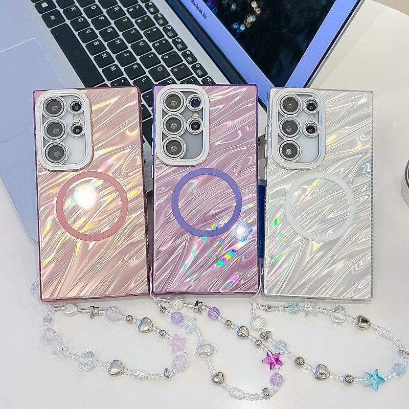 Phone Case For S25 S24 Ultra Plus S24 FE S23 A55 5G A35 5G A25 A15 A54 Wallet Case Magnetic Support Wireless Charging with Wrist Strap Retro Plating