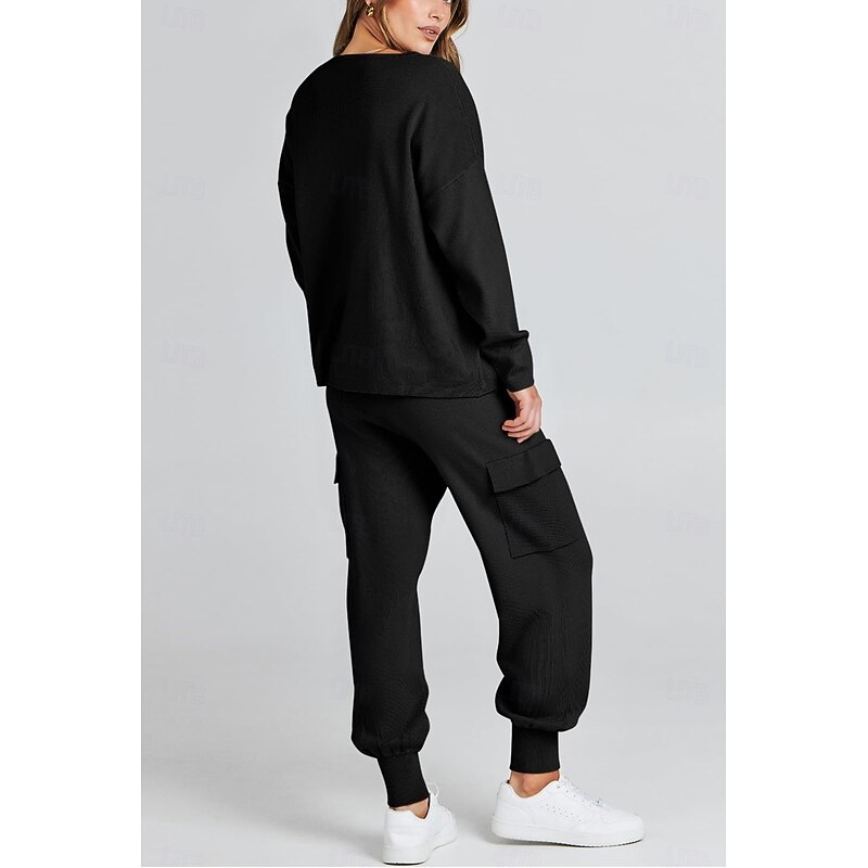 Women's Tracksuit Sweatshirt Chinos Trousers Sweater Set Long Sleeve Solid Color Black Beige Spring Loose Fit2