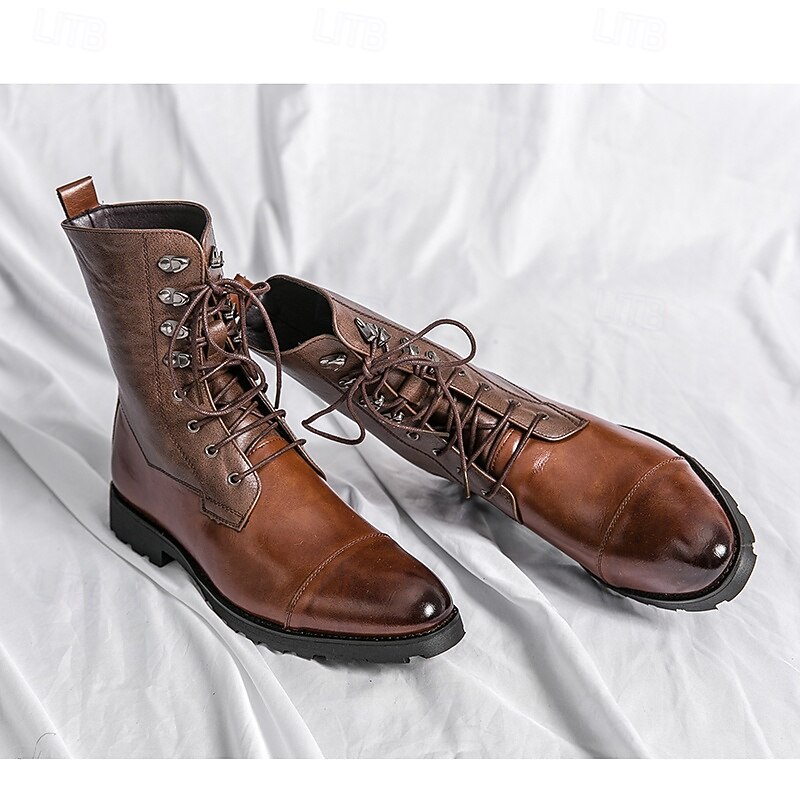 Men's Brown Faux Leather Military Boots with Lace-Up Design - Durable Ankle Boots for Outdoor Activities and Casual Wear4