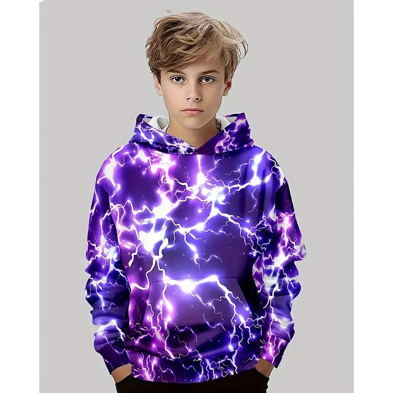 Boys 3D Graphic Lightning Hoodie Long Sleeve Spring Fall Fashion Streetwear Kids 4-12 Years Hooded Outdoor Casual Daily Regular Fit