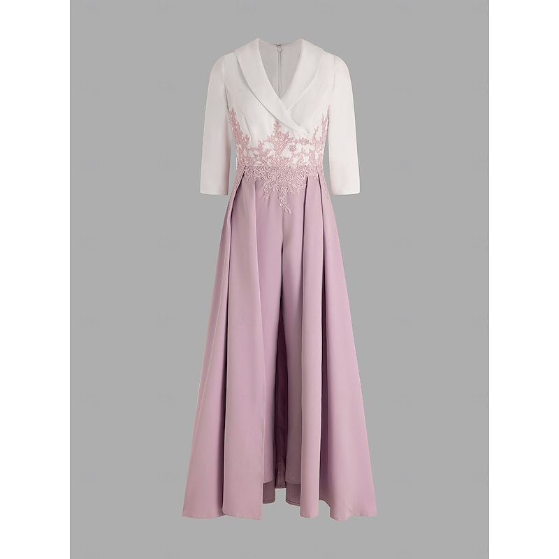 Jumpsuit Mother of the Bride  Formal Wedding Guest Elegant Party V Neck Ankle Length Crepe Lace 3/4 Length Sleeve with Appliques Color Block4