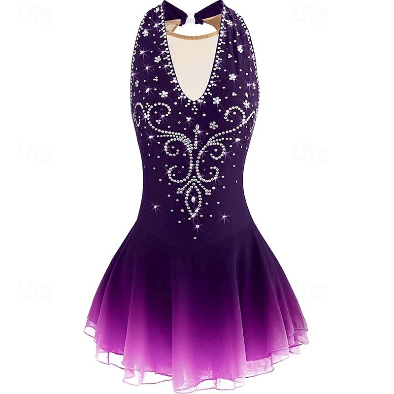 Figure Skating Dress Women's Girls' Ice Skating Dress Violet Blue Patchwork Mesh High Elasticity Training Competition Skating Wear Classic Crystal / Rhinestone Sleeveless Ice Skating Figure Skating