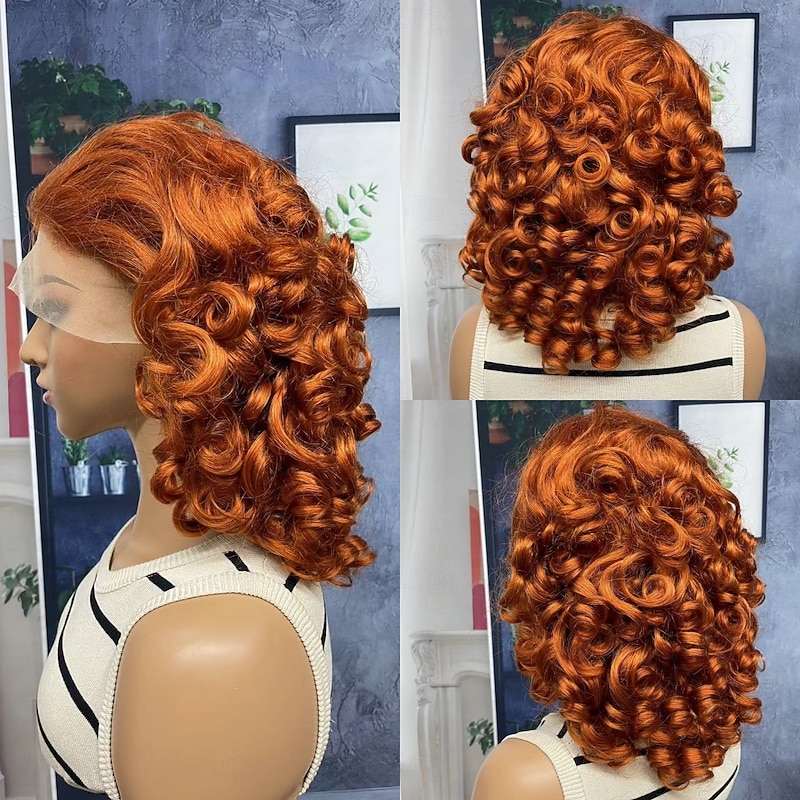 Remy Human Hair 13x4 Lace Front Wig Side Part Middle Part Free Part Brazilian Hair Curly Natural Wave Orange Wig 130% 150% 180% Density with Baby Hair Highlighted