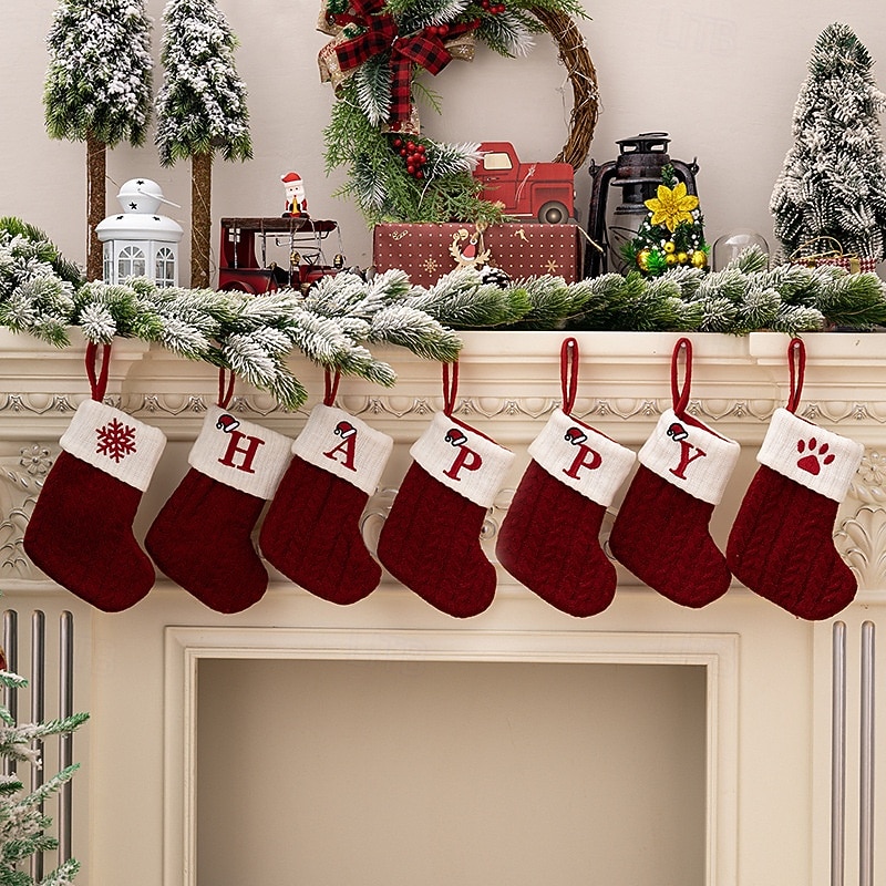 Personalized Christmas Stocking Decor, Custom Letter Christmas Decoration Xmas Party Red Knitted Socks with Embroidered Letter, Christmas Tree Hanging Ornaments