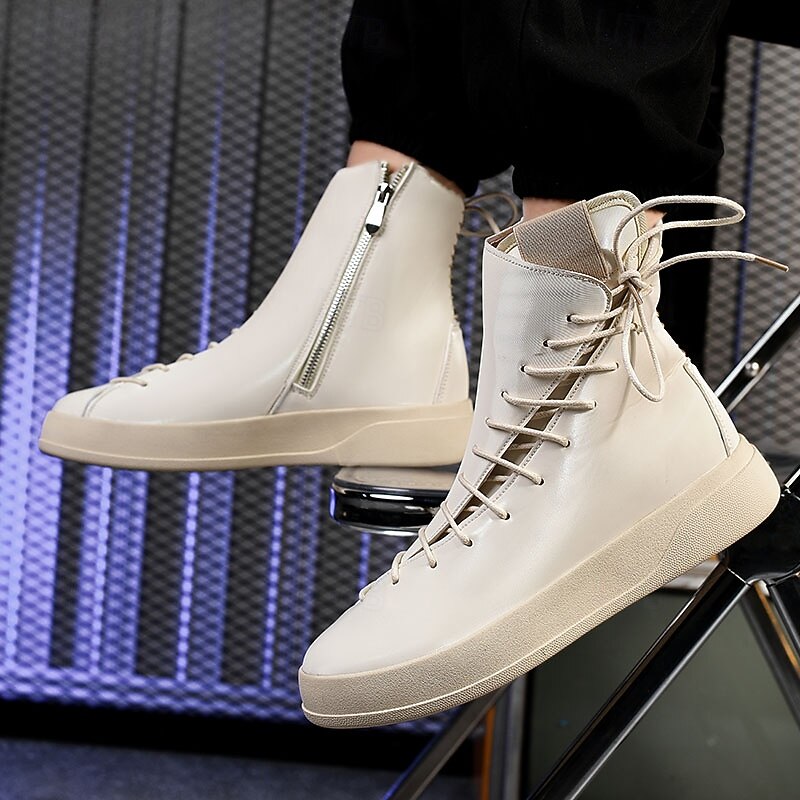 Men's Red Faux Leather High-Top Boots with Side Zipper and Lace-Up Design – Stylish Casual Footwear for Fall and Winter 15