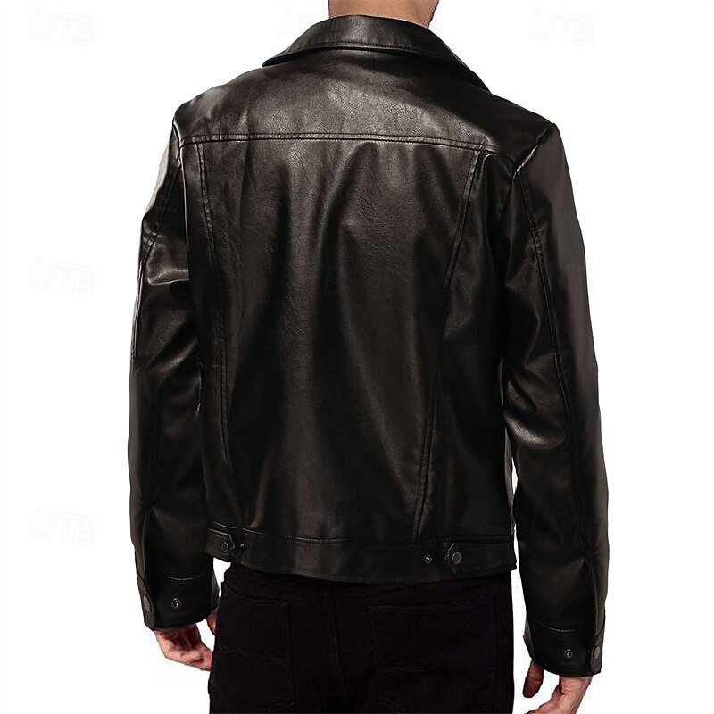 Men's Faux Leather Jacket Biker Jacket Red Leather Jacket Motorcycle Jacket Daily Vacation Windproof Warm Pocket Fall & Winter Plain Fashion Classic Lapel Regular Faux Leather Black White Wine Dark3