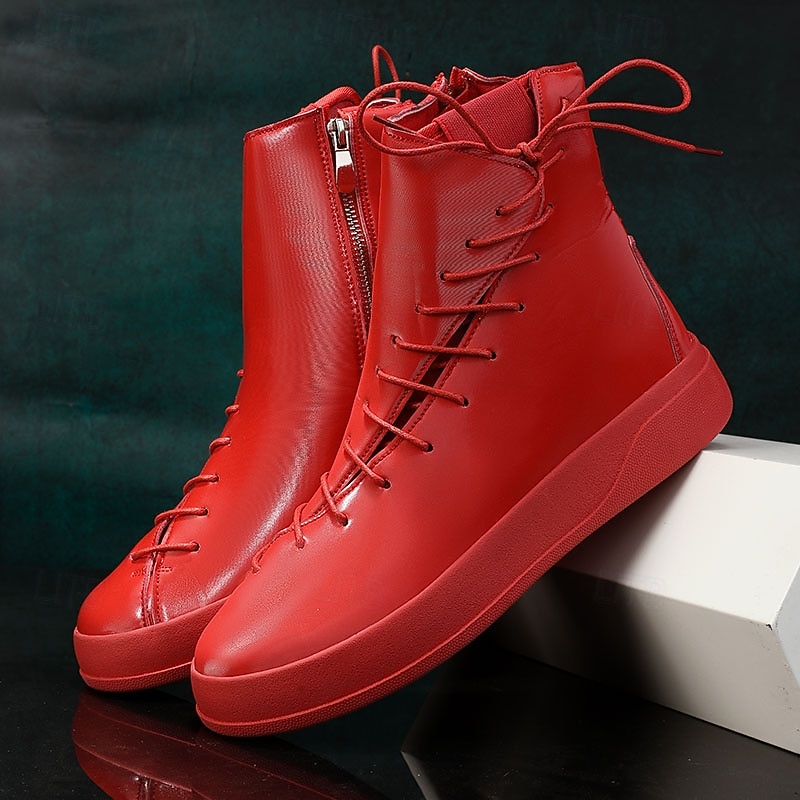Men's Red Faux Leather High-Top Boots with Side Zipper and Lace-Up Design – Stylish Casual Footwear for Fall and Winter2