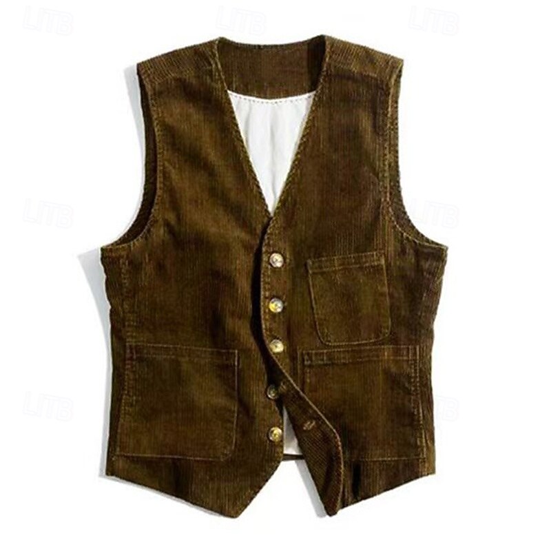 Men's Vest Gilet Daily Date Vacation Fashion Casual Spring &  Fall Buttons Pocket Polyester Corduroy Comfortable Plain Single Breasted One-button V Neck Regular Fit Black Army Green Dark Blue Coffee4