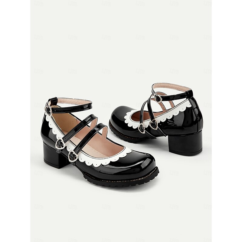 Women's Black and White Scalloped Mary Jane Block Heels – Patent Faux Leather Lolita Platform Shoes with Heart Buckles for Vintage or Cosplay Outfits4