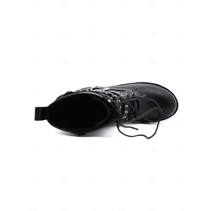 Women's Black Platform Combat Boots with Studded Buckle Straps, Punk Gothic Motorcycle Boots for Cosplay and Streetwear 10