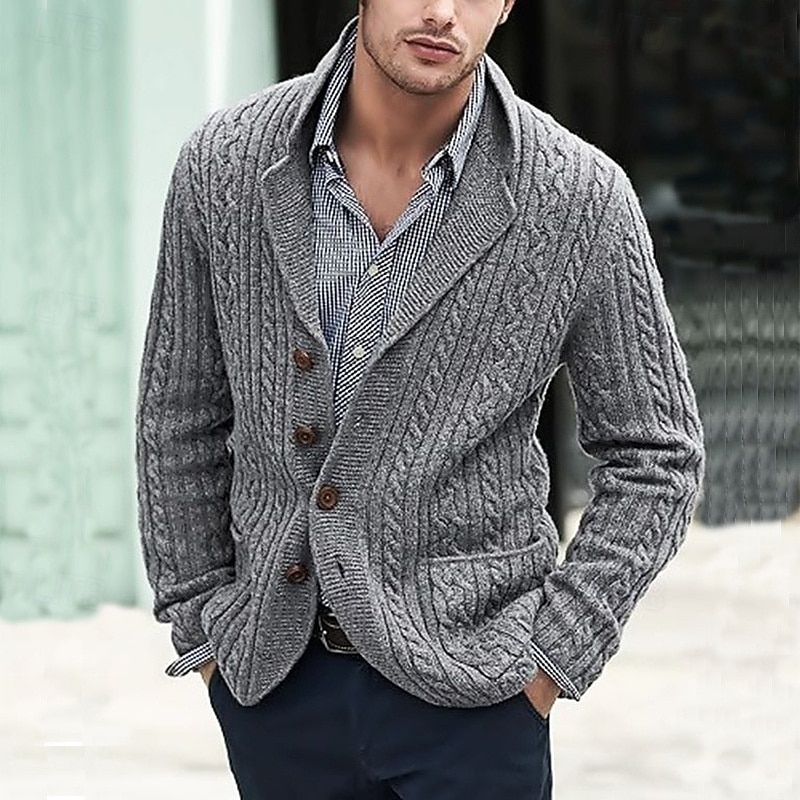 Men's Cardigan Sweater Knit Sweater Cable Knit Regular Button Up Side Pockets Solid Color Lapel Fashion Classic Daily Wear Date Clothing Apparel Fall & Winter Black Blue M L XL
