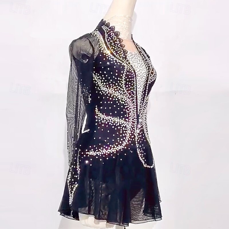Figure Skating Dress Women's Girls' Ice Skating Dress Black Patchwork Mesh High Elasticity Training Competition Skating Wear Classic Crystal / Rhinestone Long Sleeve Ice Skating Figure Skating3