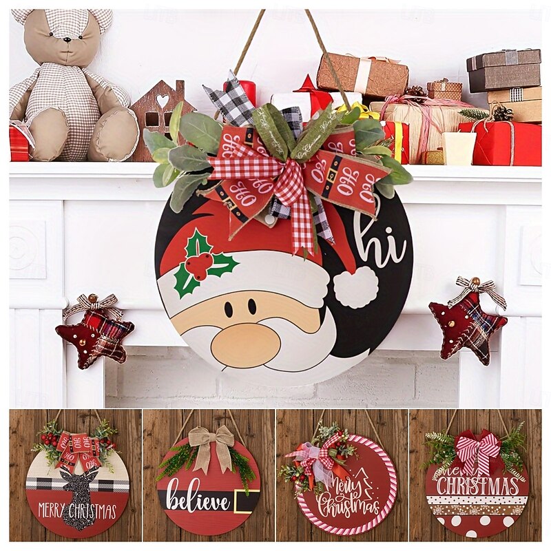 Christmas Wreath Door Hanger, Christmas Decoration Xmas Party Creative Front Door Decor, Santa Head Plaque for Yard and Home Hanging